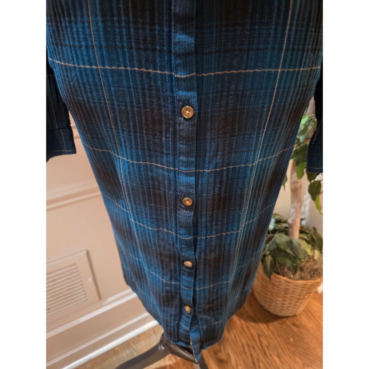 J. Jill Shirt Dress 2X Navy Blue Cotton Plaid Pleated Collared Casual Button-Up