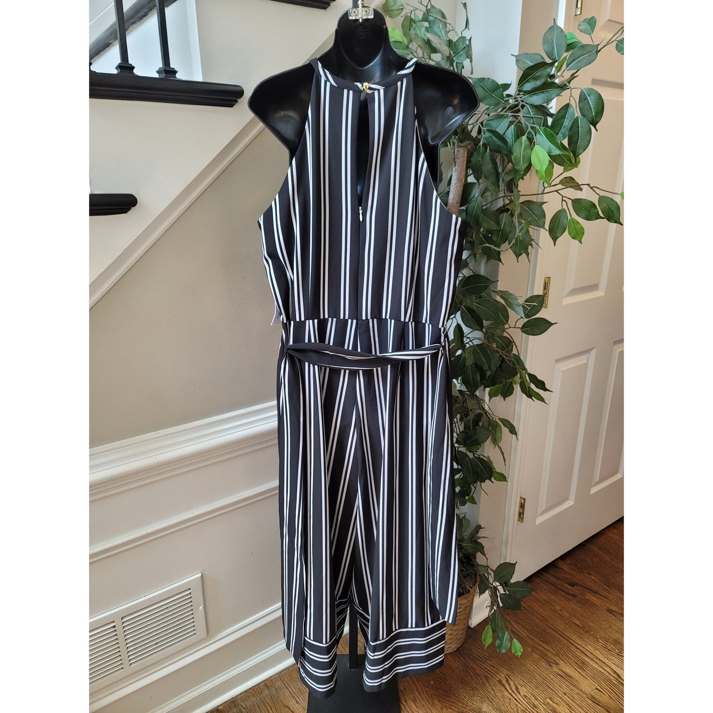 Emma Michele Romper Women Size 16 Black White Striped Belted Midi Sleeveless