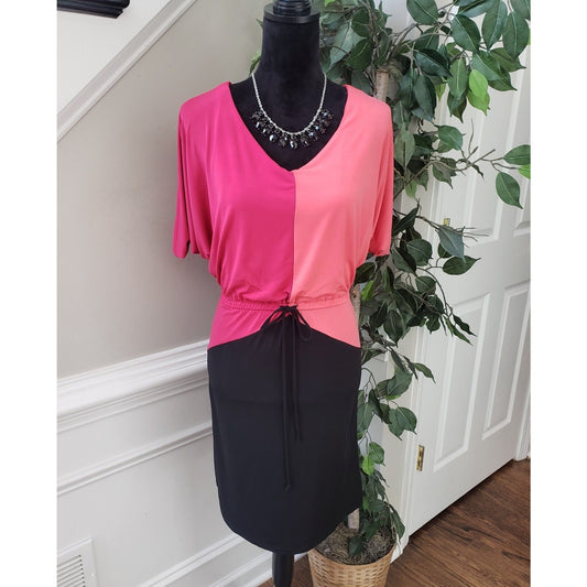 Olivia Matthews Womens Black & Pink V-Neck Short Sleeve Knee Length Dress Size M
