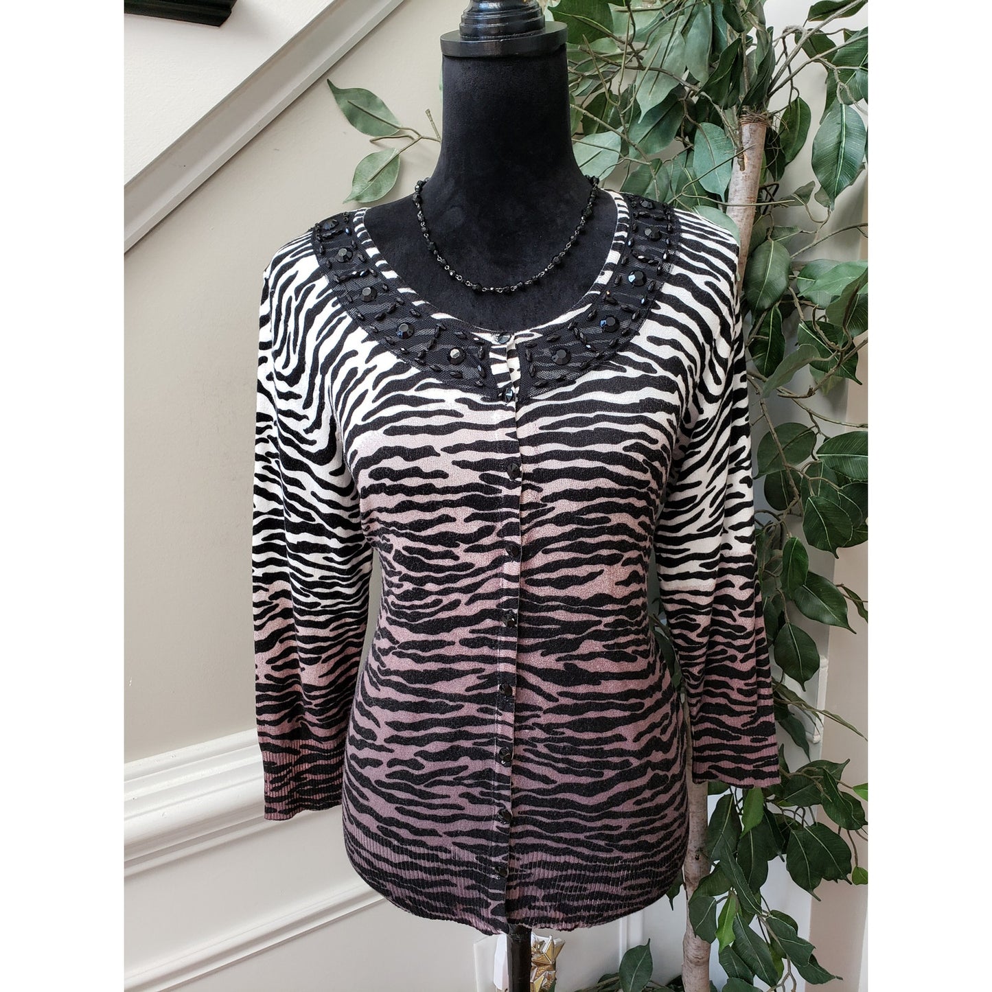 Carolyn Taylor Sweater Womens M Black White Zebra Print Lace Trim Rhinestone