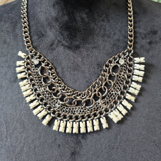 Womens White Chiclet Drops Bead Silver Tone Statement Bib Necklace Lobster Clasp