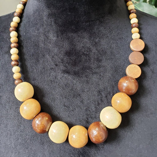 Womens Fashion Brown Beige Wooden Beaded Chunky Necklace Jewelry