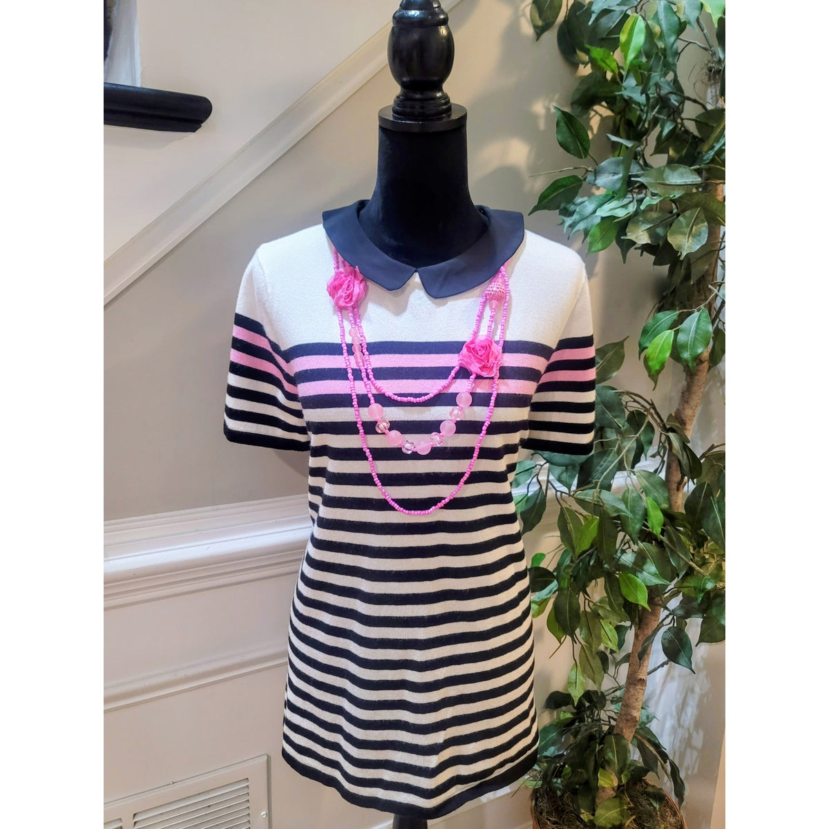 Elle Pullover Sweater Women XL White/Black Striped Peter Pan Collar Short Sleeve
