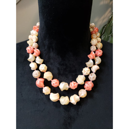 Women's Vintage Multi-Strand Beaded Necklace Carved Lucite & Shell Jewelry