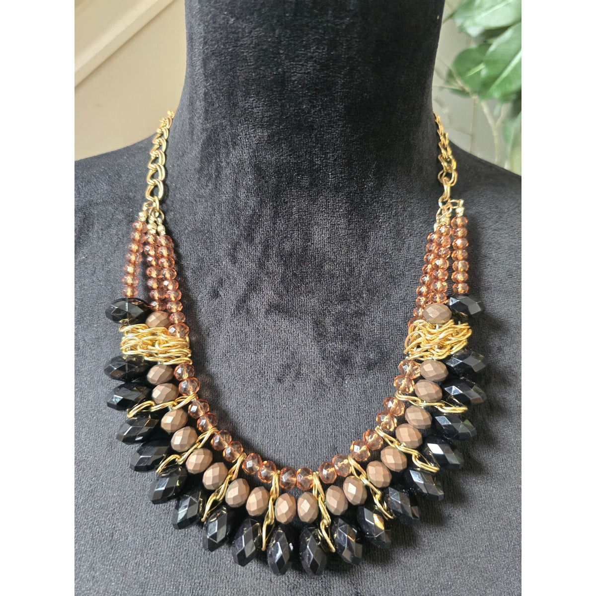 Black Bronze Gold Tone Faceted Beaded Teardrop Layered Fringe Bib Necklace