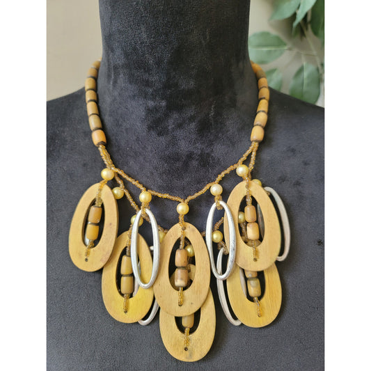 Women's Boho Wood Beaded Statement Necklace with Lobster Clasp Tribal Style
