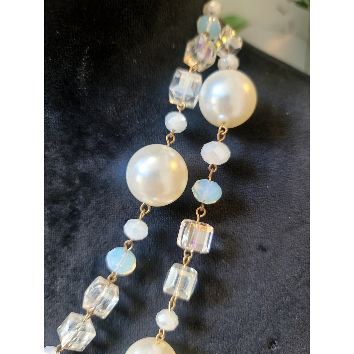 Vintage Faux Pearl & Aurora Borealis Crystal Double Strand Necklace Wedding Prom