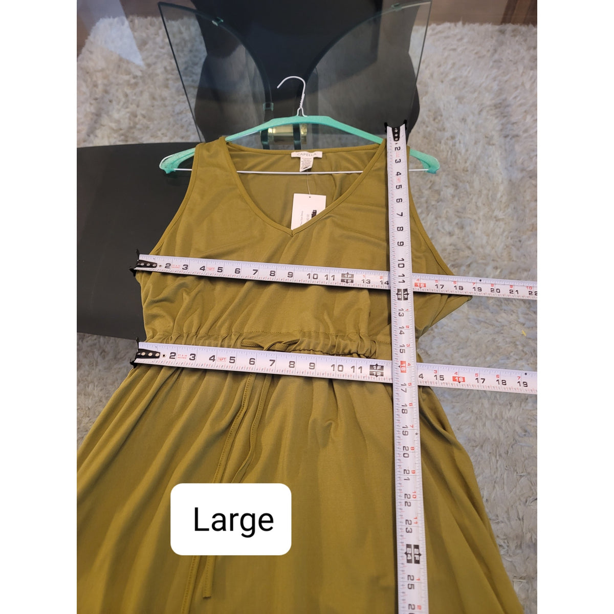 Capella Midi Dress Women Large Green V-Neck Cinched Drawstring Waist Curved Hem
