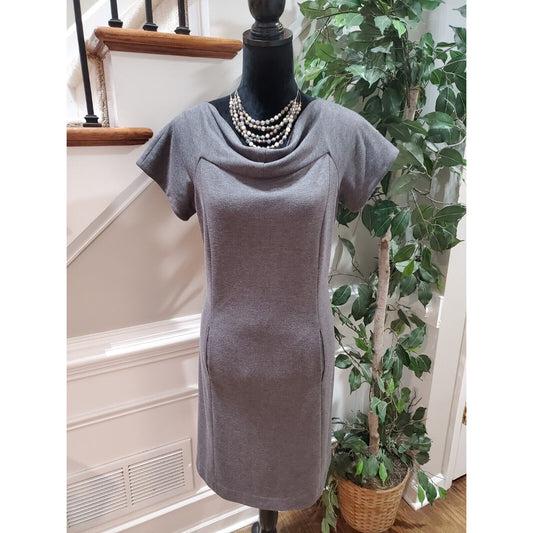 Tahari Women's Gray Solid Polyester Cowl Neck Short Sleeve Knee Length Dress 8