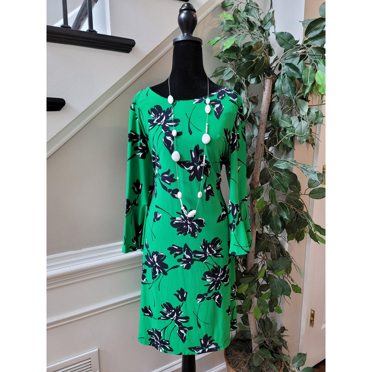 Tommy Hilfiger Dress Womens Small Green Floral Print 3/4 Sleeve Casual Chic