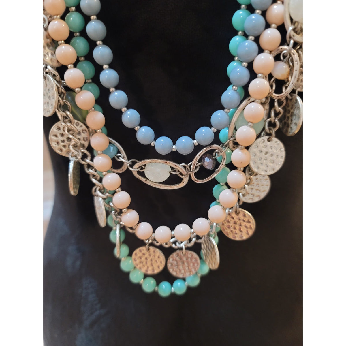 Womens Multi Layer Beaded Charm Necklace Toggle Lock Pastel Blue And Green Beads
