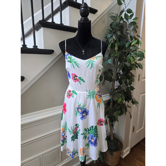 Old Navy A-Line Dress Women Large White Floral Smocked Open Back Spaghetti Strap