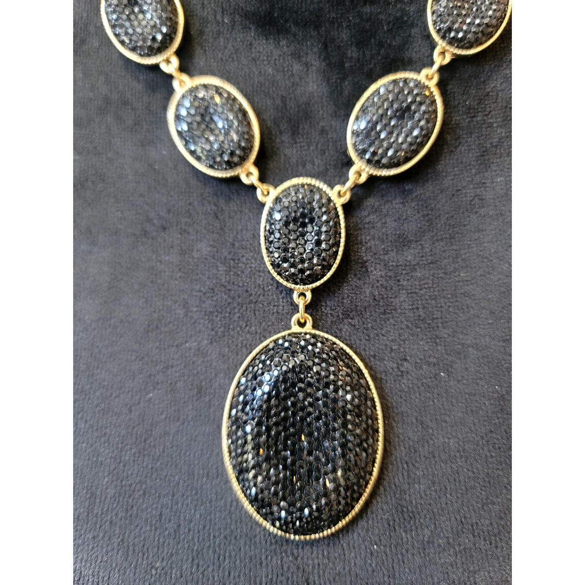 Vintage Black Crystal Statement Pendant Necklace Gold Tone Oval Pave Bib Collar
