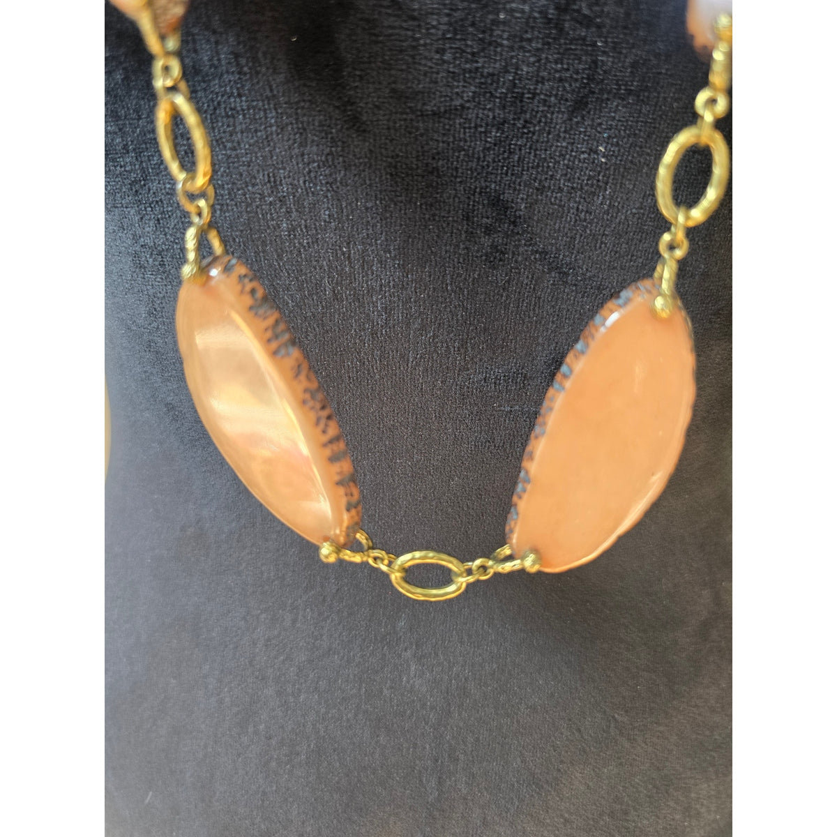 Orange Peach Oval Beaded Long Necklace Gold Tone Boho Station Jewelry