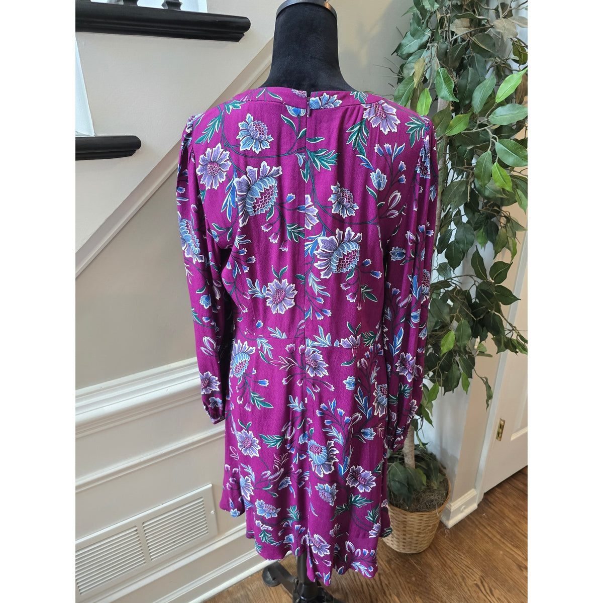Loft Fit & Flare Dress 8 Plum Purple Floral Puff Shoulder Back Zip Casual Party