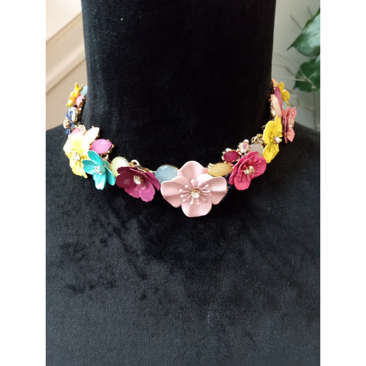 Colorful Enamel Flower Statement Necklace Floral Collar Spring Garden Necklace