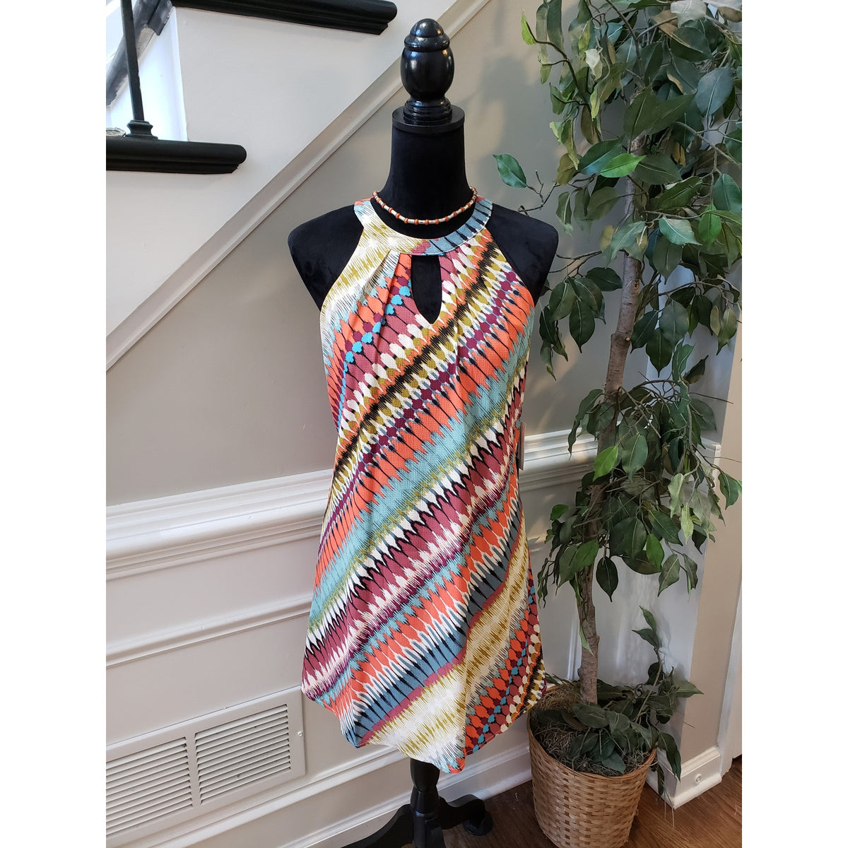 As U Wish Dress Women M Multicolor Sleeveless Ikat Halter Keyhole Boho Chic