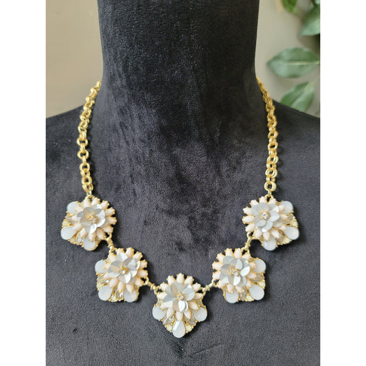 Women's Floral Statement Necklace Gold Chain White and Blue Gemstones Jewelry