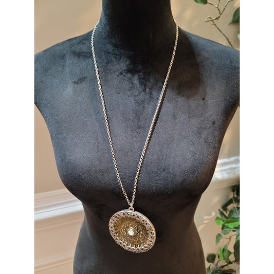 Women's Statement Necklace with Intricate Circular Pendant and Silver Chain