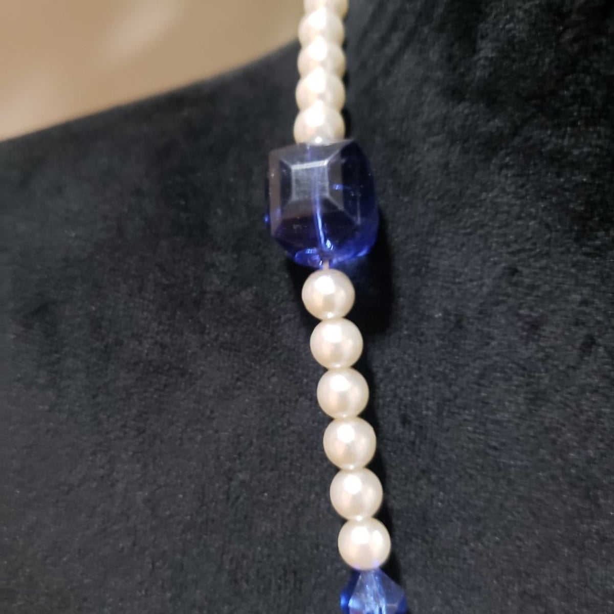 Womens Fashion Blue Color Rhinestone Natural Faux Pearl Beaded Collar Necklace