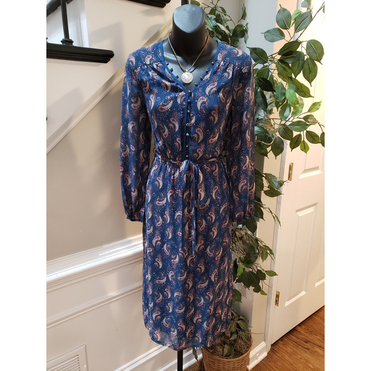 DR2 A Line Dress Women Navy Paisley Tie Waist Long Sleeve V Neck Button Front XS