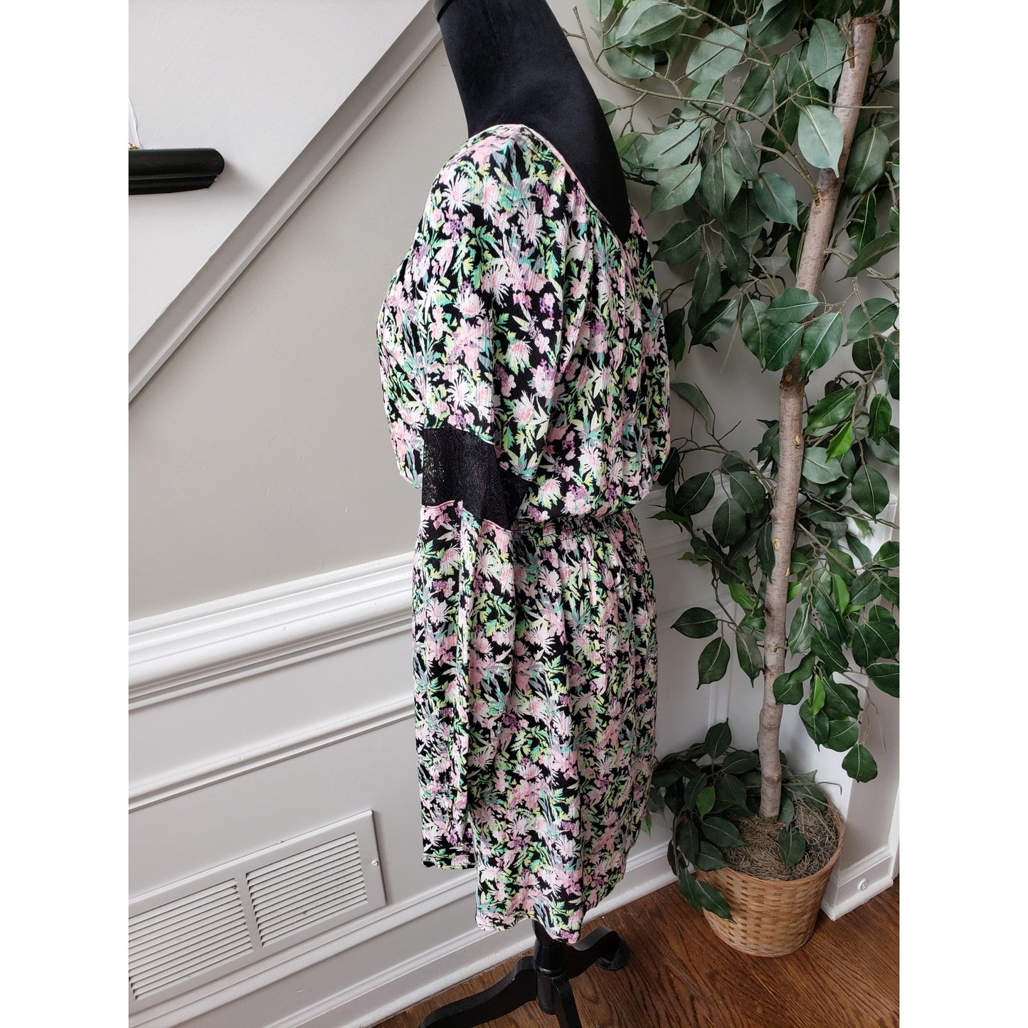 Princess Vera Fit & Flare Dress Women Large Black Floral Round Neck Long Sleeve