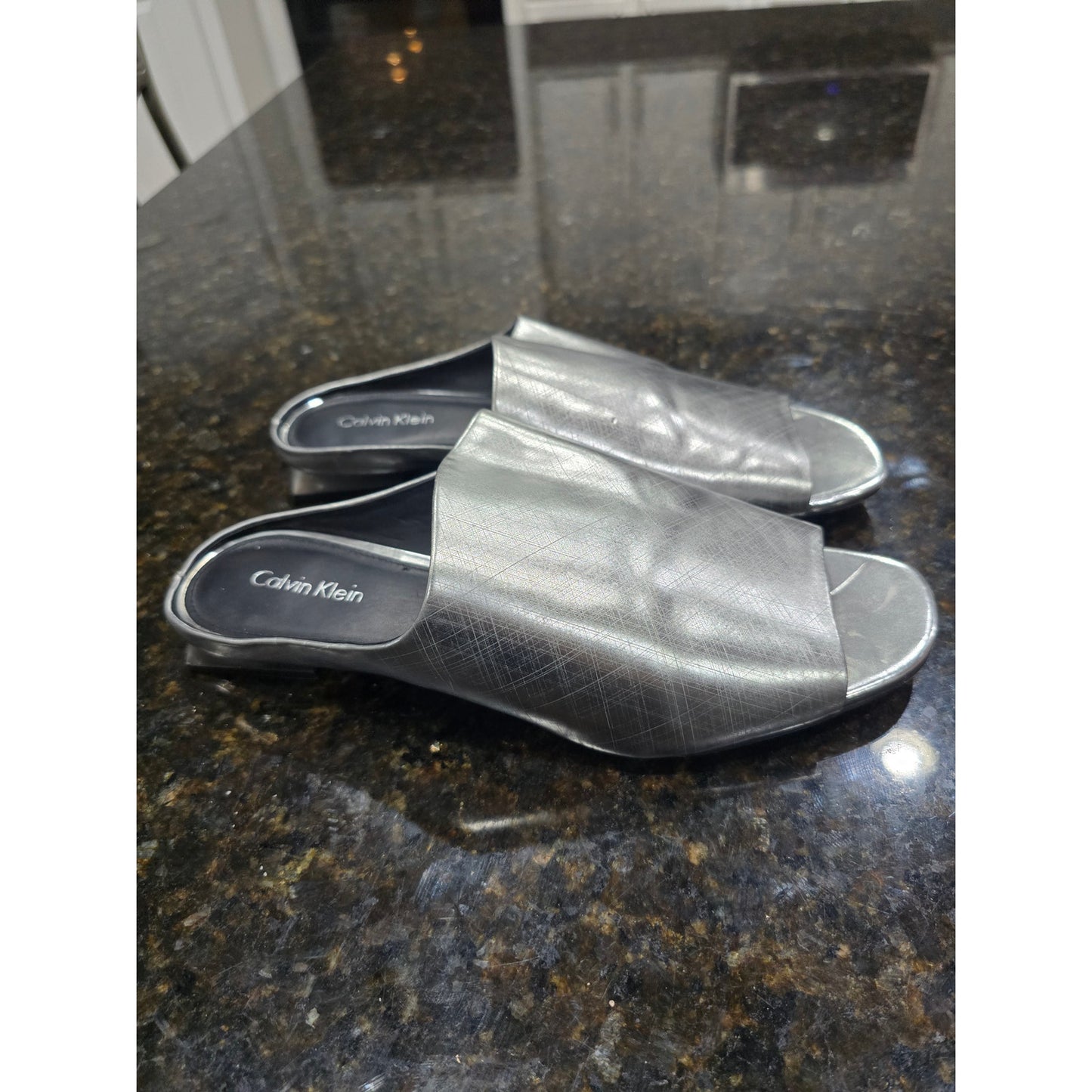Calvin Klein Sandals Women's Size 8 Silver Leather Open Toe Slide Mule Heels