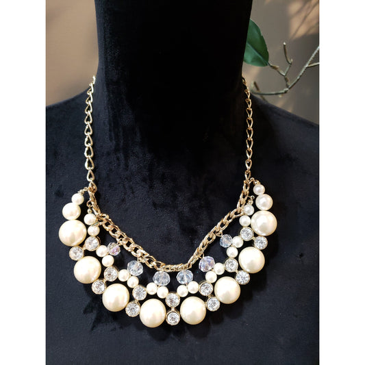 Women's Faux Pearl Rhinestone Necklace Lobster Clasp Gold Statement