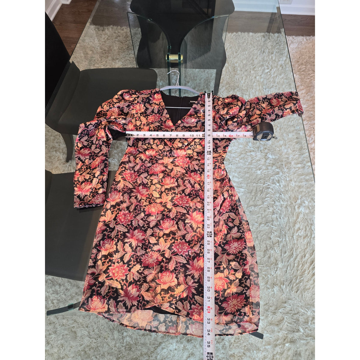 Express Sheath Mini Dress S Multi Floral Wrap V-Neck Puff Shoulder Causal Party