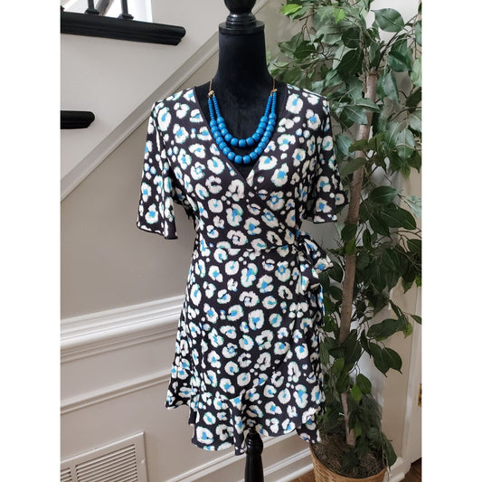 Jealous Tomato Women's Black Floral Wrap V-Neck Short Sleeve Knee Length Dress M