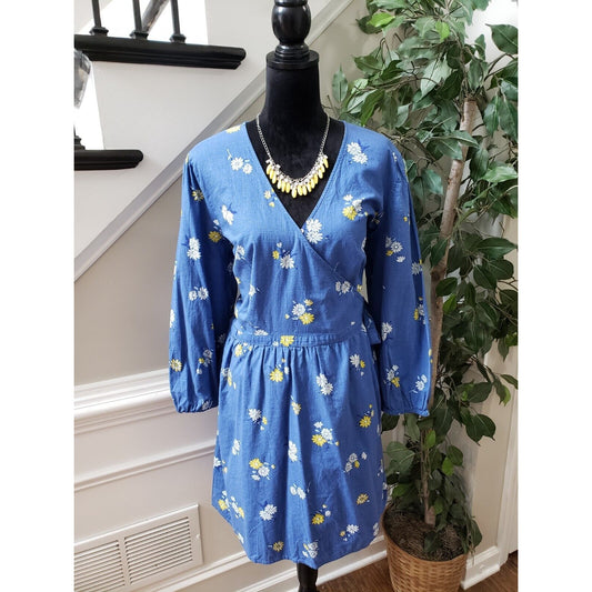 Old Navy Womens Blue Floral 100% Cotton V-Neck Long Sleeve Knee Length Dress XXL