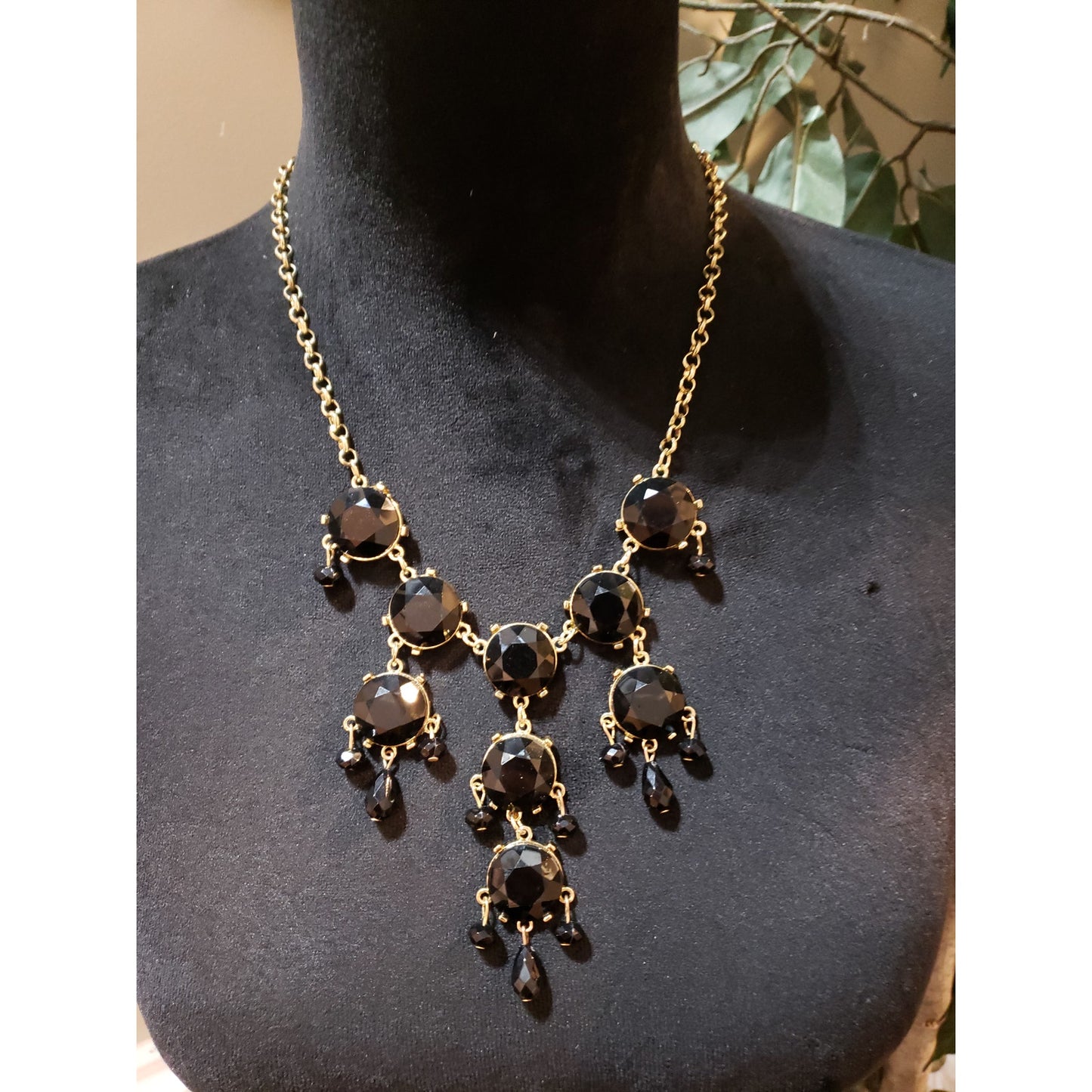 Womens Gold Tone Faceted Black Bead Statement Necklace with Lobster Clasp