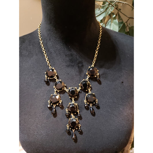 Womens Gold Tone Faceted Black Bead Statement Necklace with Lobster Clasp