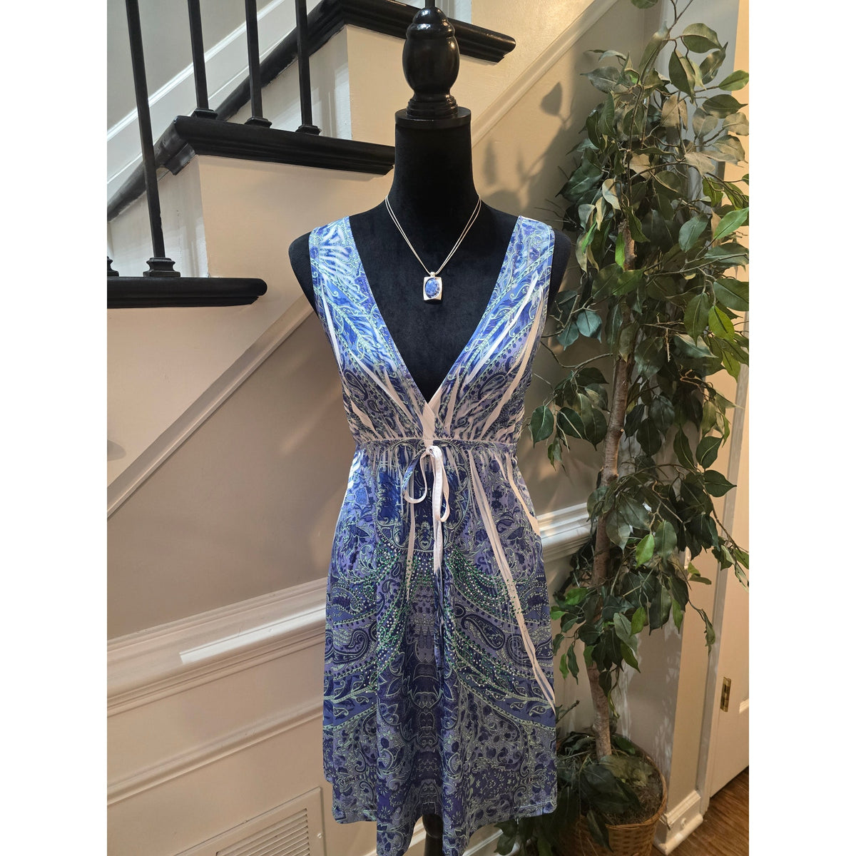 ING Dress Women's SZ XL Multicolor Paisley Rhinestone Empire Tie V-Neck