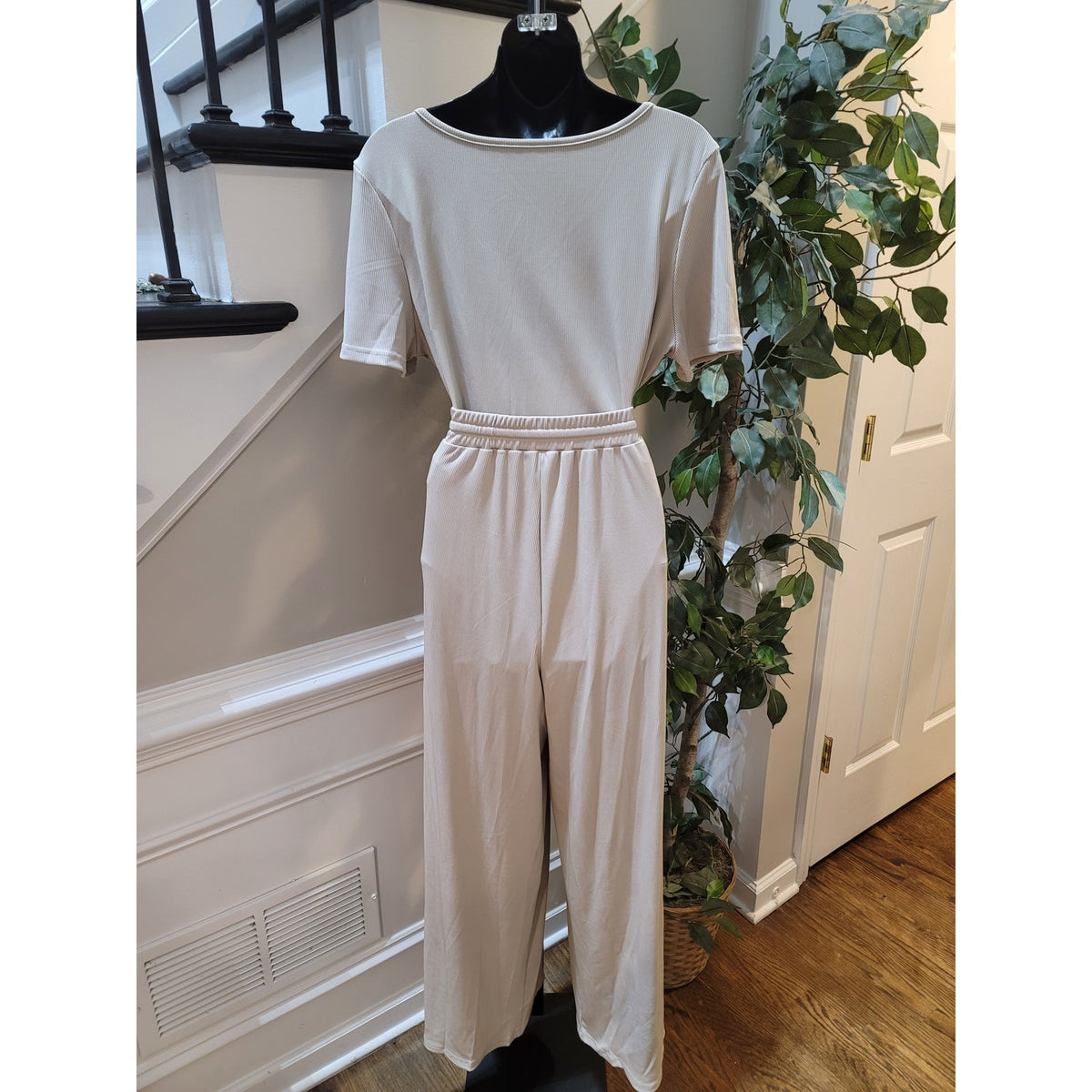 Yozy Bodysuit Set Women's SZ 14 Cream Ribbed Drawstring Scoop Neck Short Sleeve