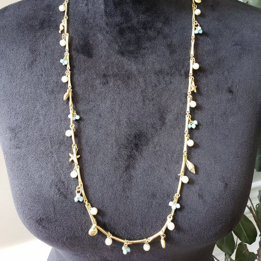 Womens Fashion White Blue Faux Pearl Gold Tone Star & Snail Accent Long Necklace