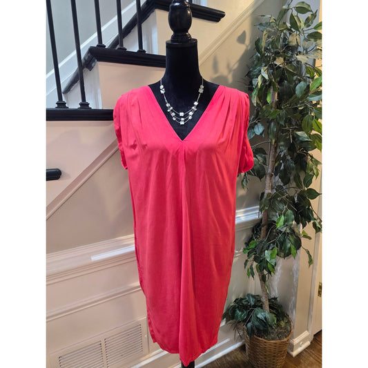 The Odell's Shift Dress Women's Small Coral Red Pleated Back V-Neck Pockets