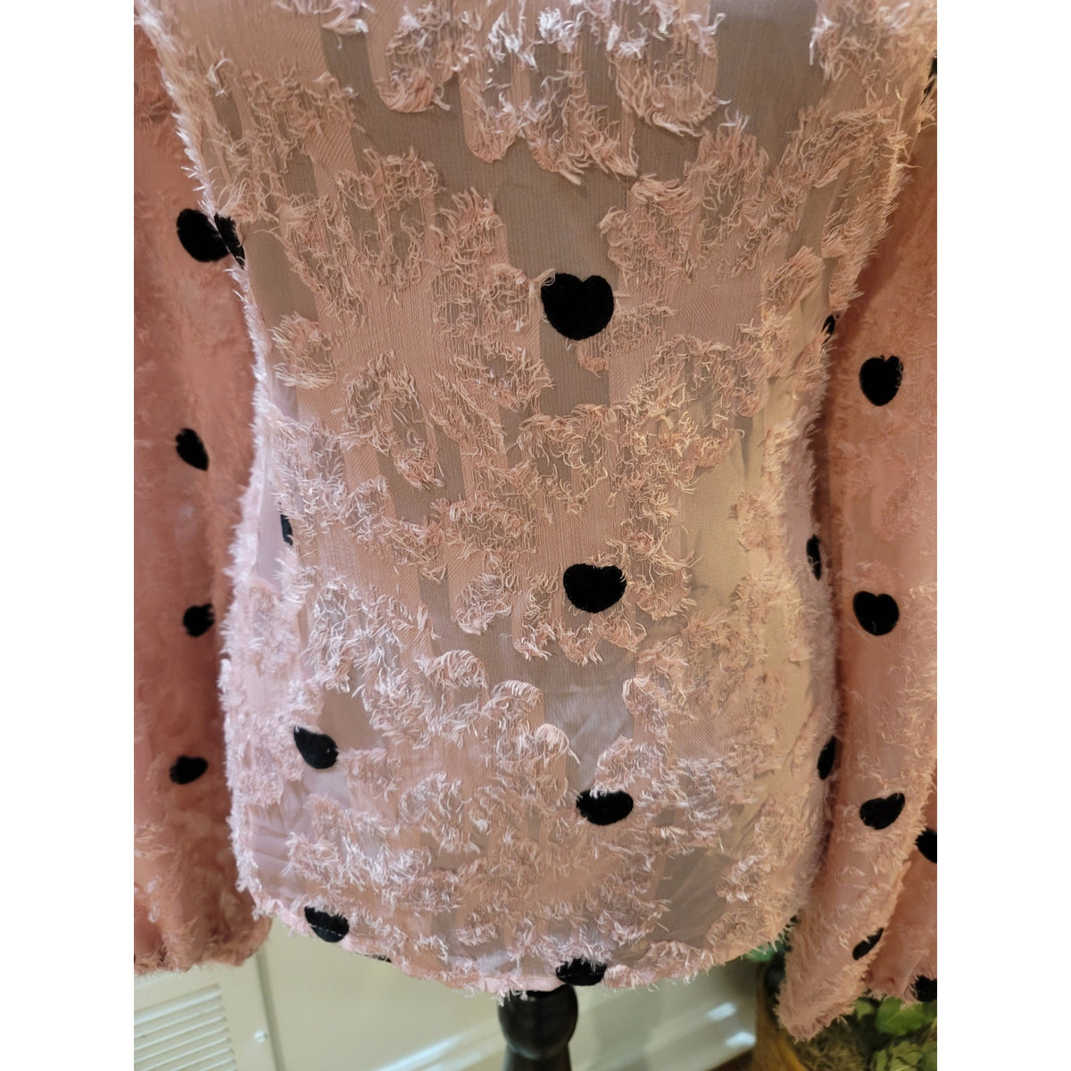 Shein Blouse Women's XL Pink Black Textured Heart Ruffle Crew Balloon Sleeve