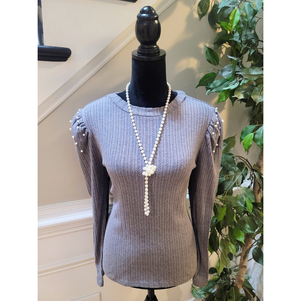 Design History Pullover Sweater Women's Large Gray Pearl Puff Shoulder Crew Neck