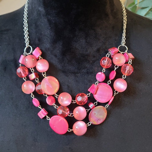 Womens Fashion Pink Red Glass Round Beaded Collar Necklace with Lobster Clasp