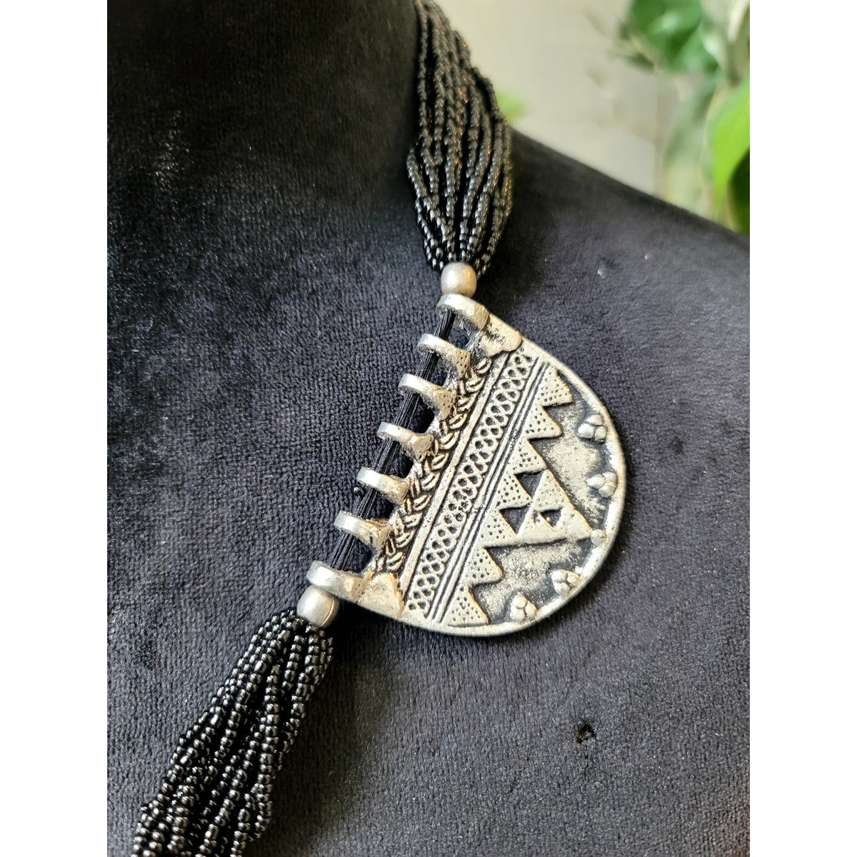 Black Multi Strand Beaded Necklace Silver Tone Tribal Medallion Statement