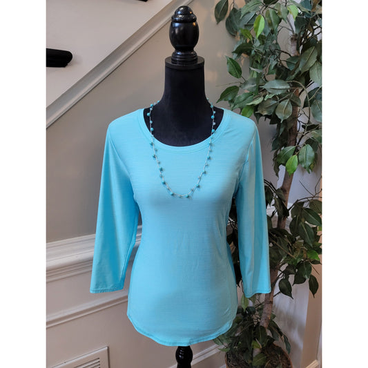 Weekends By Chico's Blouse S Aqua Stretch Scoop Neck Curved Hem Casual Pullover