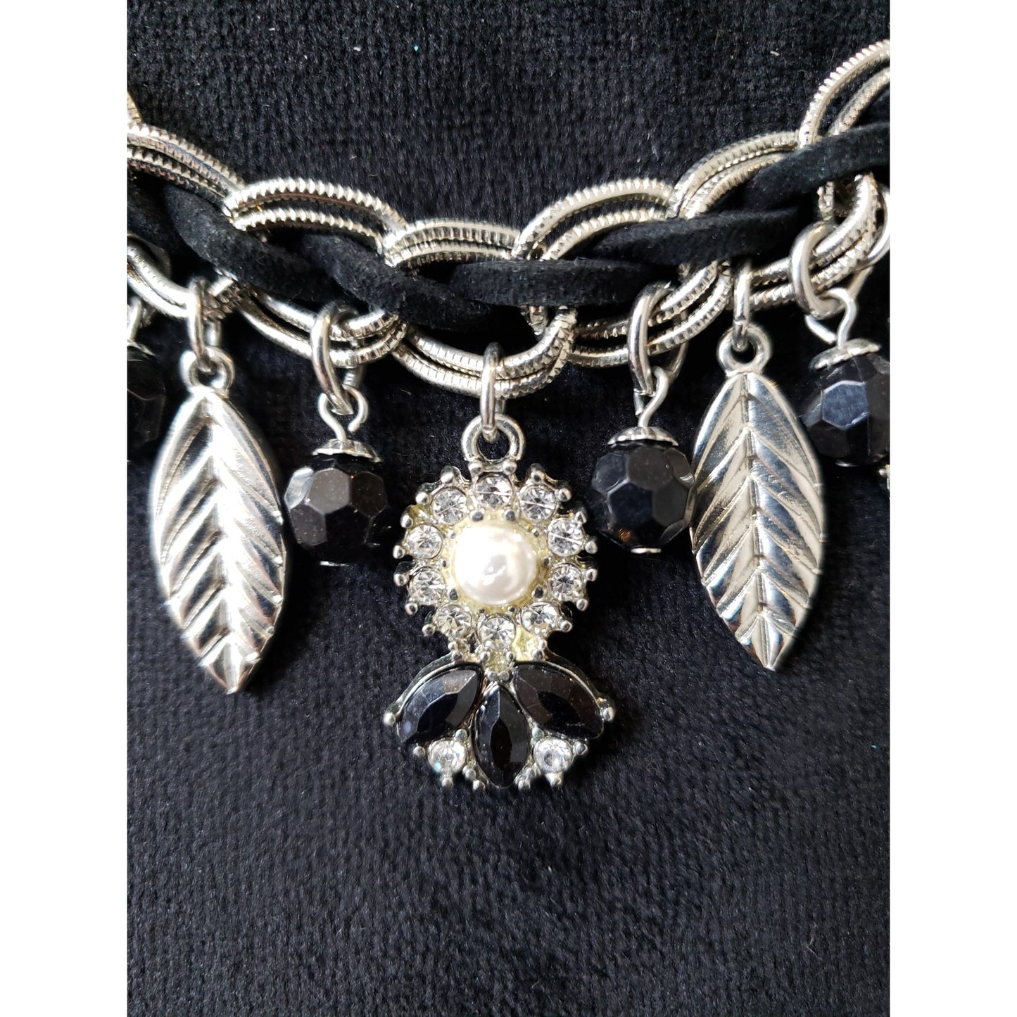 Women's Silver Black Statement Necklace Leaf Charm Crystal Beaded Chain