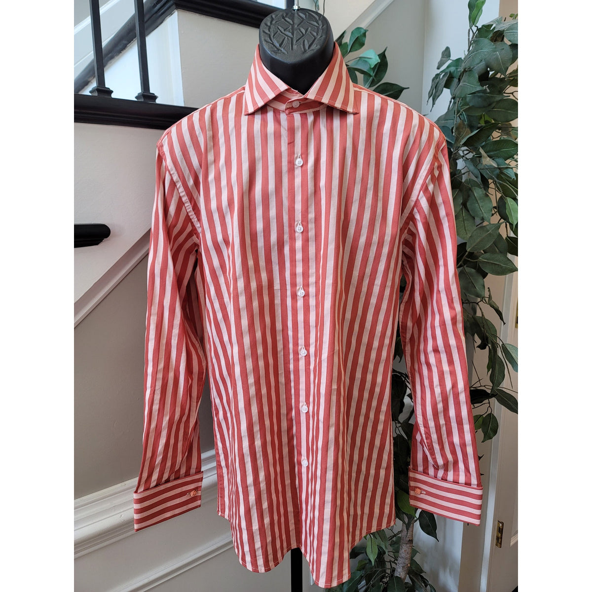 Steven Land Button Down Shirt Men's Size 34/35 Bold Red White 100% Cotton