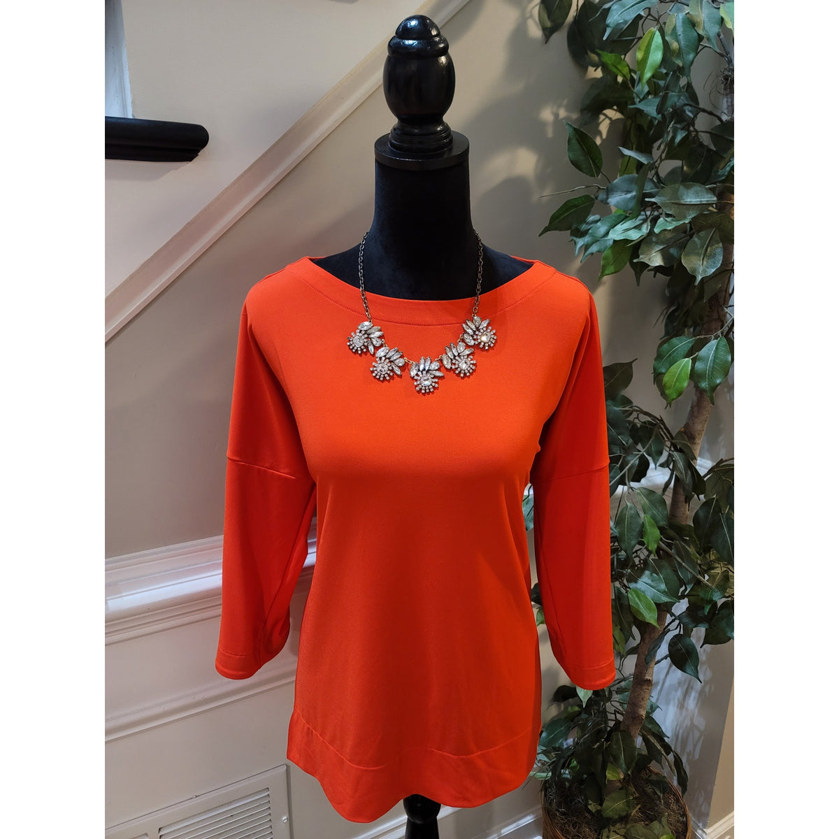 Chico’s Blouse Top Women's SZ 0 Coral Orange 3/4 Drop-Shoulder Sleeves Boat Neck