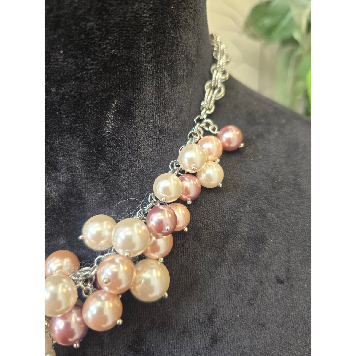 Peach Pink Champagne Faux Pearl Beaded Cluster Gold Tone Bib Necklace