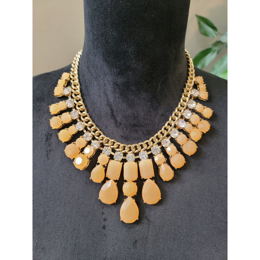 Women's Gold Tone Orange Teardrop Rhinestone Statement Bib Necklace Jewelry