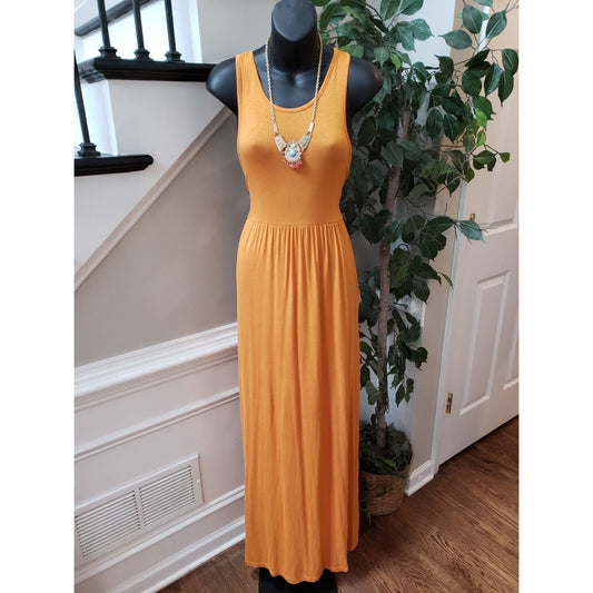 Lala Bee Womens Brown Solid Viscose Round Neck Sleeveless Long Maxi Dress Medium
