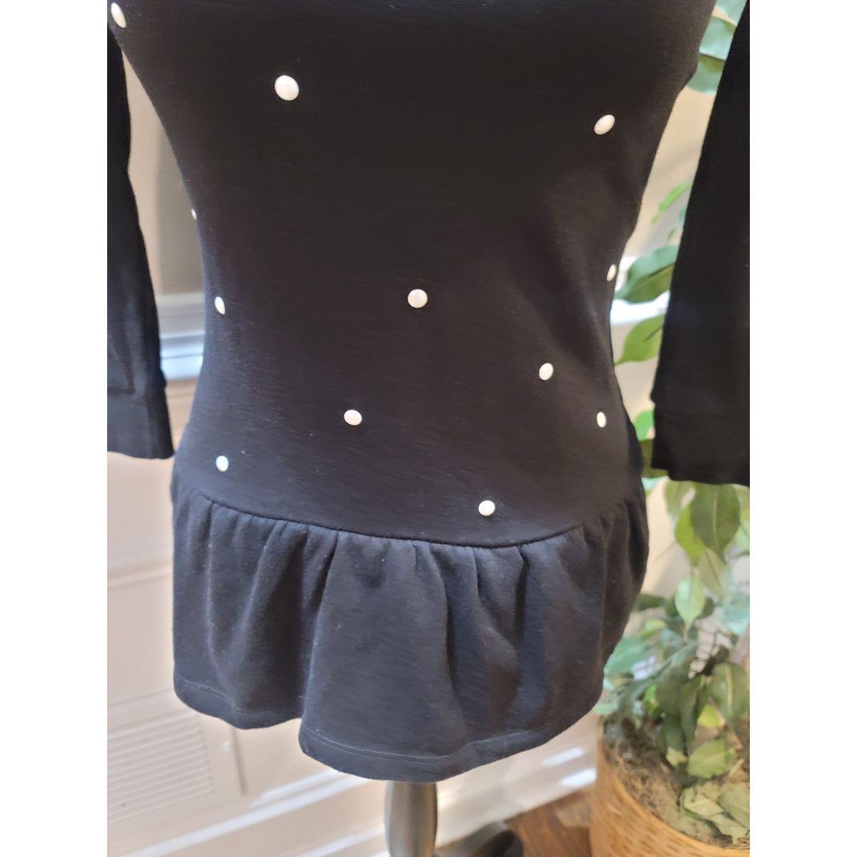 Epic Threads Pullover Sweater Women Small Black Polka Dot Pleated Hem 3/4 Sleeve