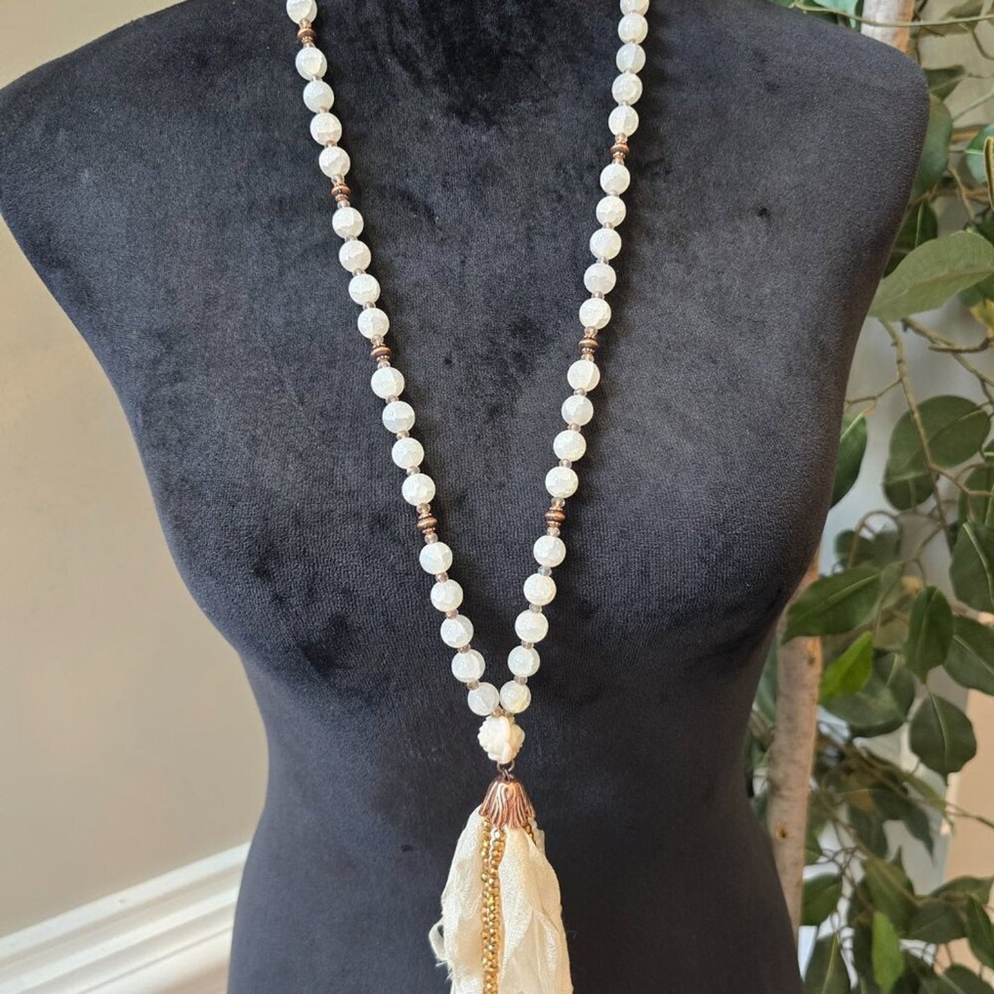 Womens White Faux Pearl Beaded Tassel Bohemian Necklace Jewelry w/ Lobster Clasp